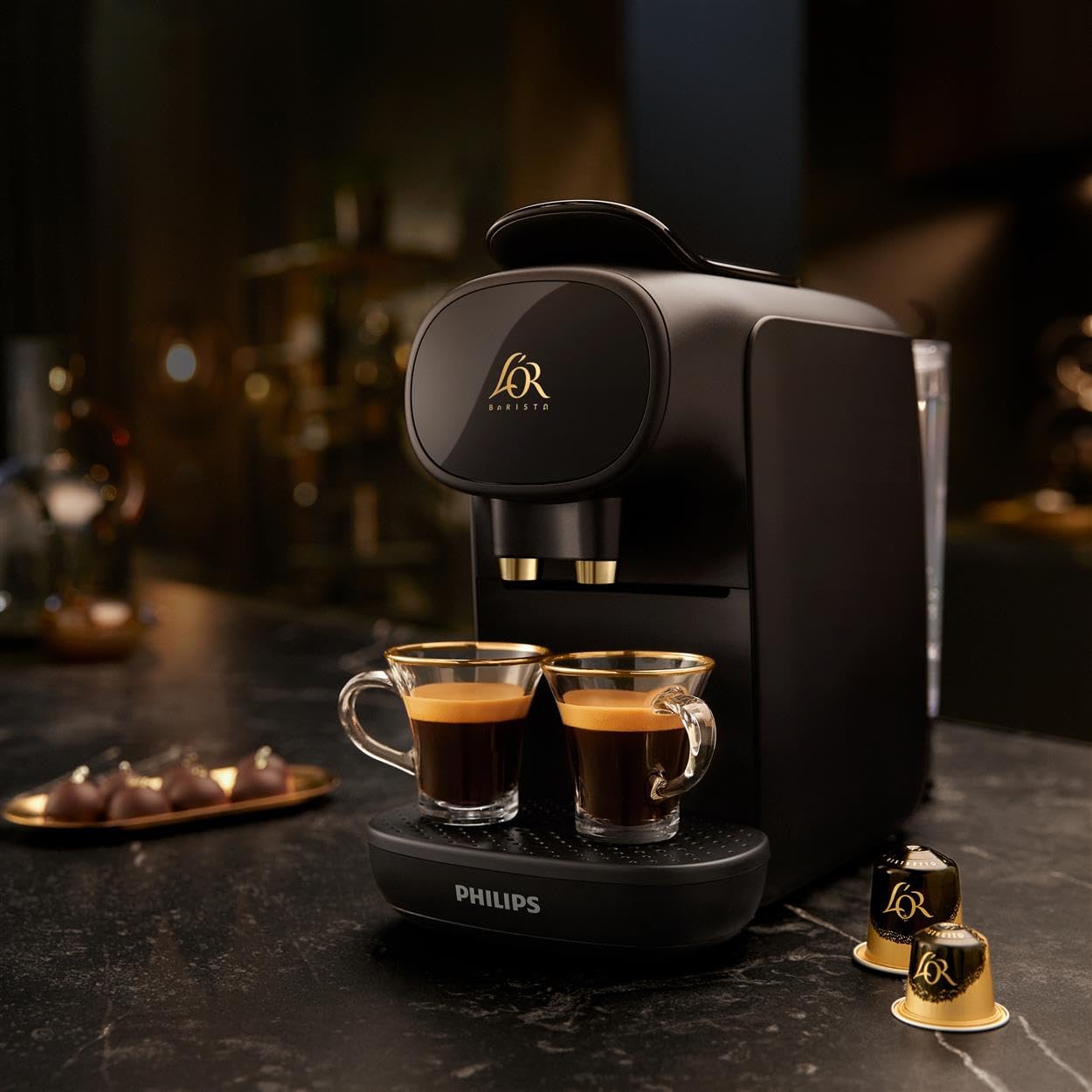 Philips L'Or Barista, Cafetière Espresso, compatible Nespresso capsules, Capsules XXL pour 1 café double ou 2 cafés à la fois, Noir, (LM9012/60) - ZEROTURNN